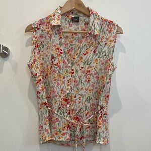Vintage Vamp Sleeveless Floral Blouse with Tie, size M